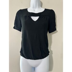 NAF‎ NAF Black Short Sleeve V Neck Keyhole Button Detail Top Women Size S